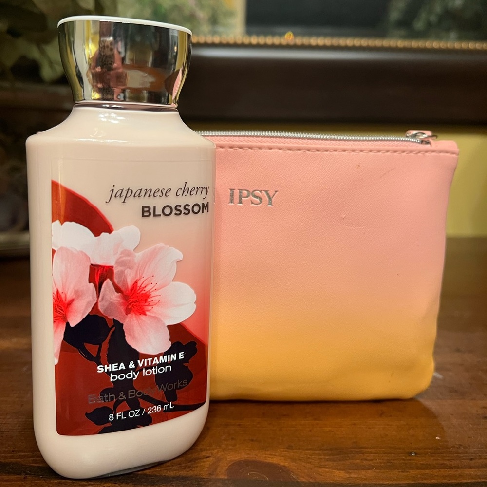 Bath & Body Works Japanese Cherry Blossom lotion.  Makeup bag.
